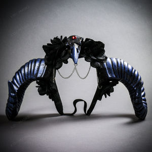 Gothic Demon Raven Skull Large Horn & Rose Headband - Black Blue
